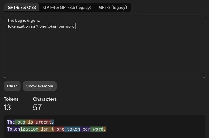 OpenAI tokenizer with GPT-5.x and O1/3 selected. The two example sentences produce 13 tokens and 57 characters. Colored pieces show Tokenization split into Token and ization, spaces attached to words, and punctuation retained.